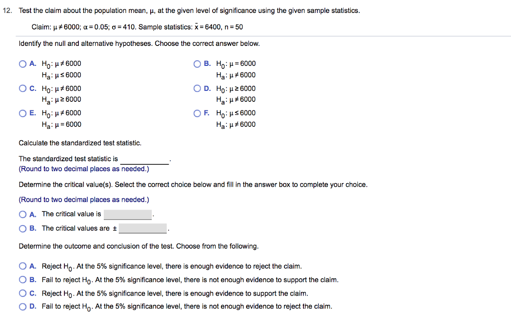 Solved 10. Test the claim about the population mean, μ, at | Chegg.com