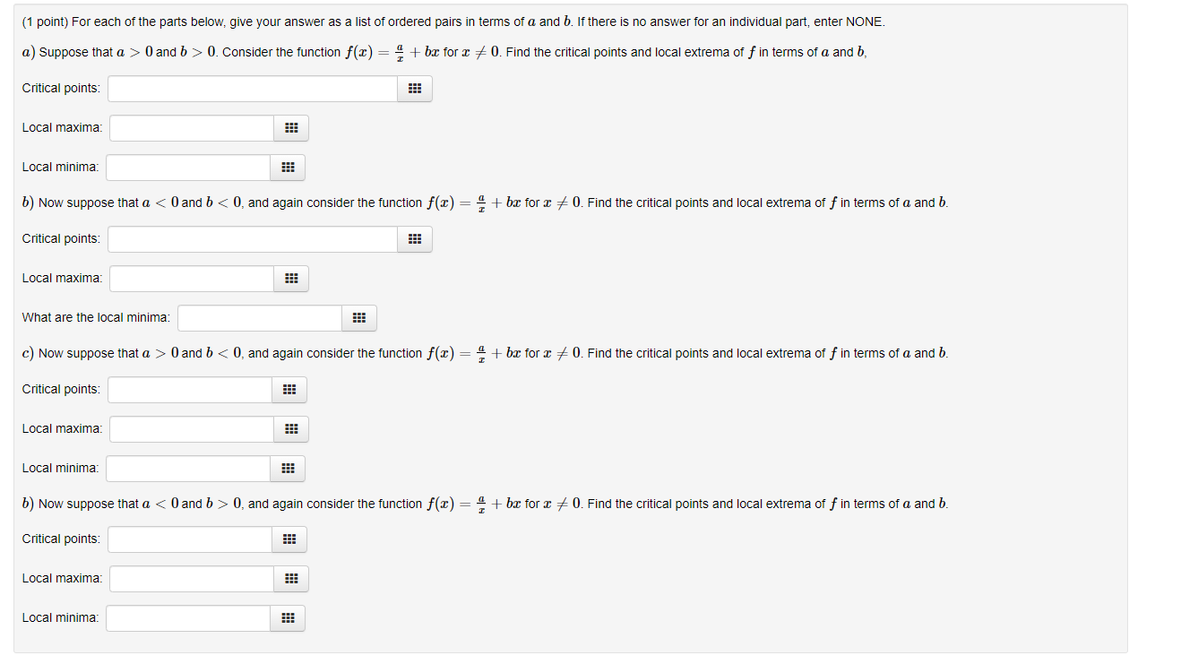 Solved (1 point) For each of the parts below, give your | Chegg.com