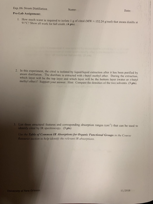 Solved Exp. 06 Steam Distillation PreLab Assignment Name