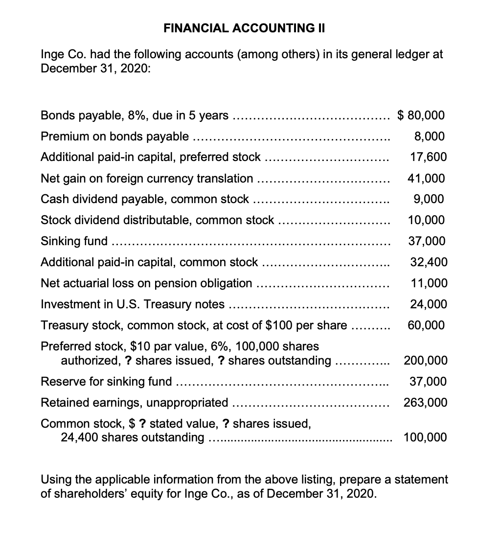 Solved FINANCIAL ACCOUNTING II Inge Co. had the following | Chegg.com