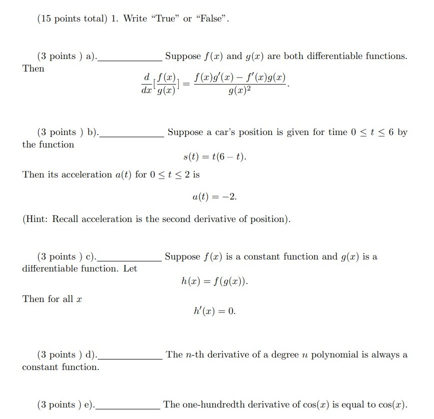 Solved 15 Points Total 1 Write True Or False 3 P Chegg Com