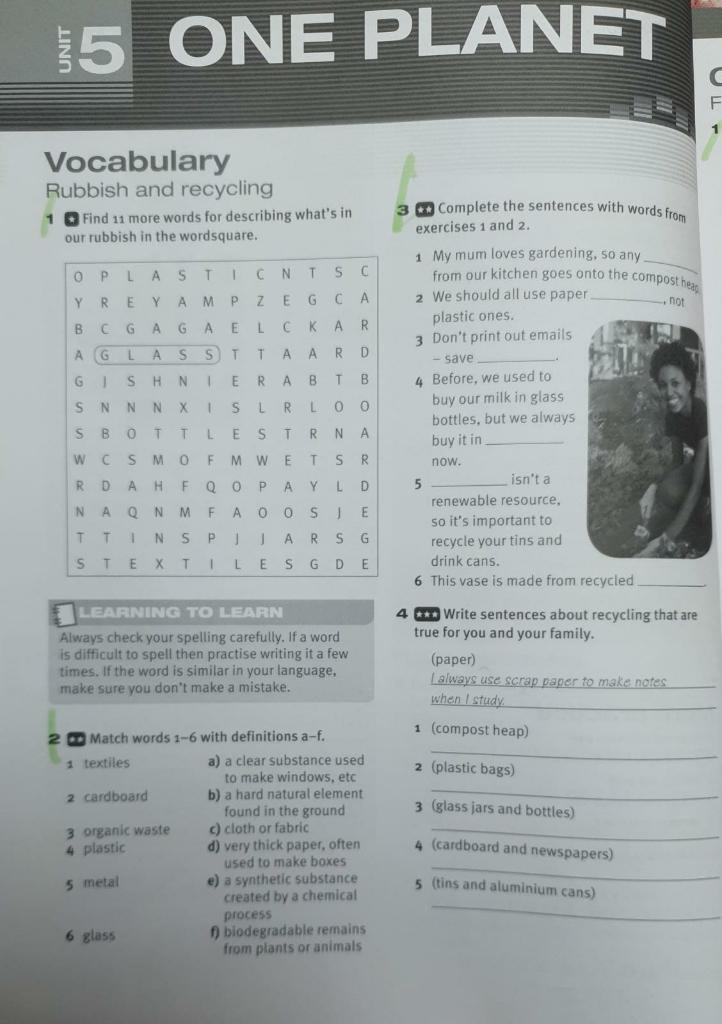 UNIT 5 ONE PLANET F Vocabulary Rubbish and recycling 1 Find 11 more words for describing whats in our rubbish in the wordsqu