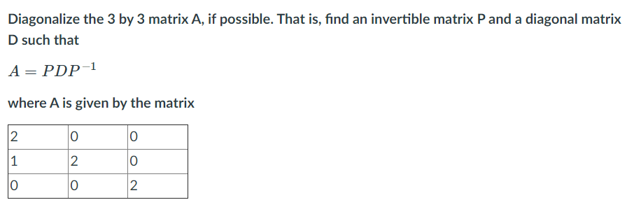 Solved Diagonalize the 3 by 3 matrix A, if possible. That | Chegg.com