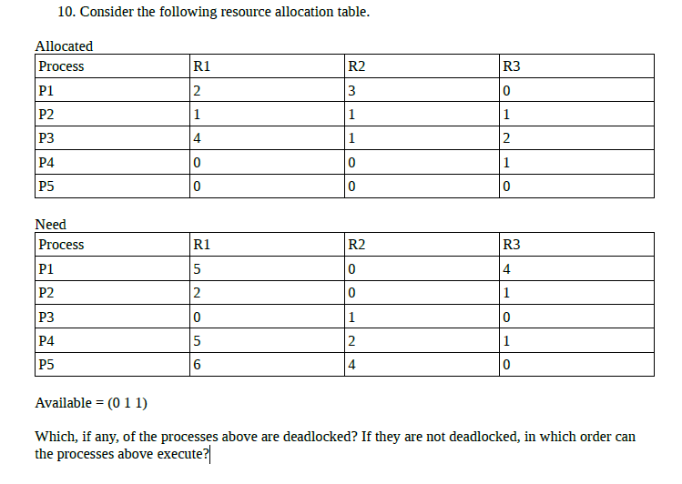 Solved 10. Consider the following resource allocation table. | Chegg.com