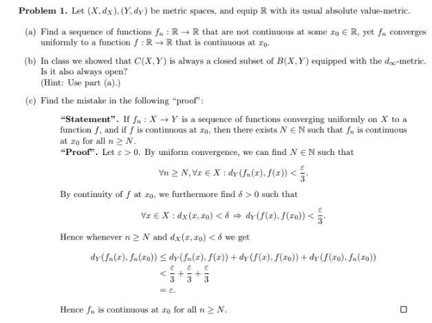 Solved Problem 1. Let (X.dx), (Y,dy) be metric spaces, and | Chegg.com