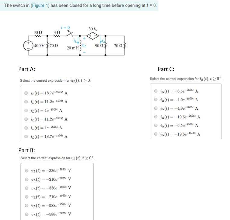 Solved The switch in (Figure 1) has been closed for a long | Chegg.com