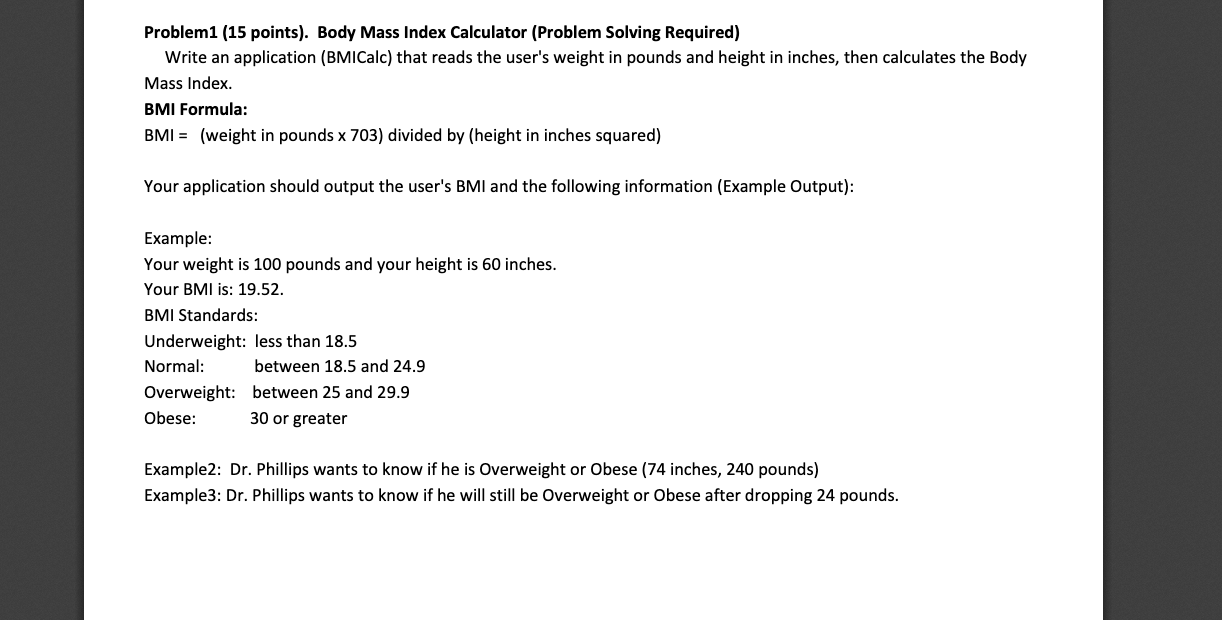 Problem1 15 Points Body Mass Index Calculator Chegg Com