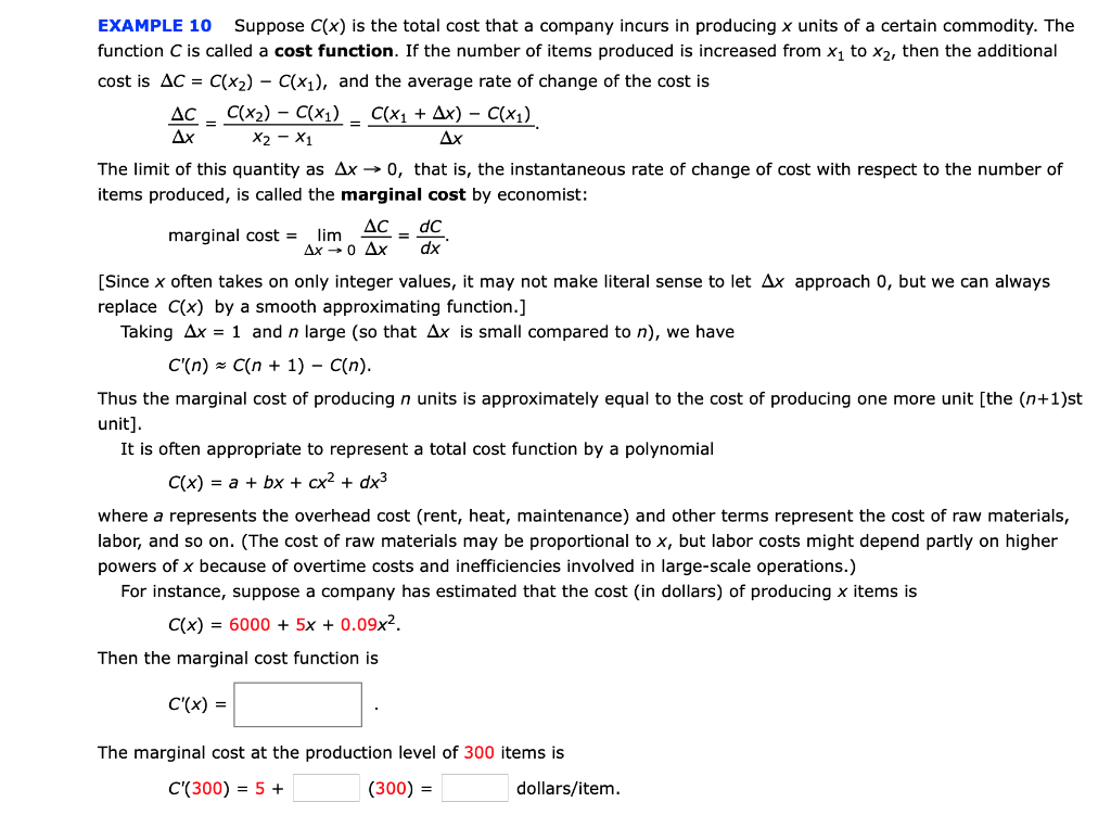 Solved EXAMPLE 10 Suppose C(x) Is The Total Cost That A | Chegg.com