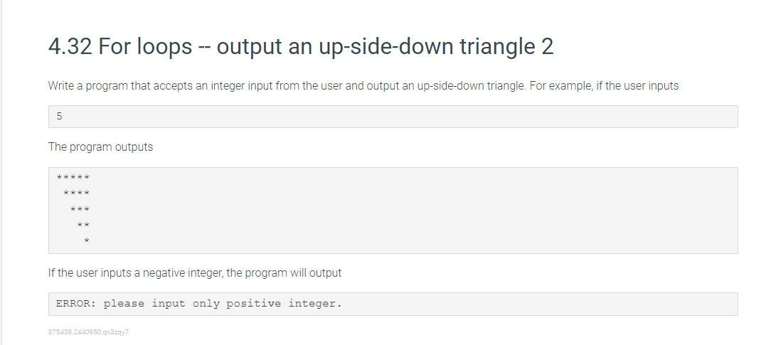 Solved 4.32 For loops -- output an up-side-down triangle 2 | Chegg.com