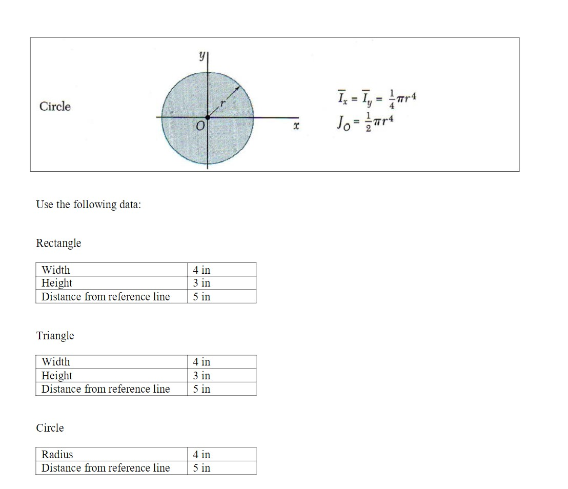 T, = 7,24 Circle o x Use the following data: Rectangle Width Height Distance from reference line 4 in 3 in 5 in Triangle Widt