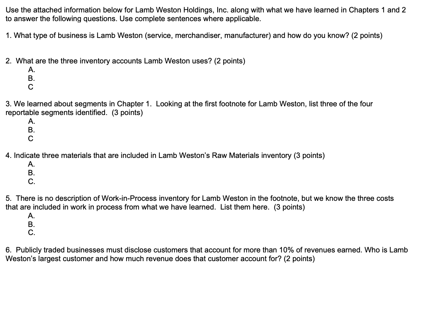 Solved Use the attached information below for Lamb Weston