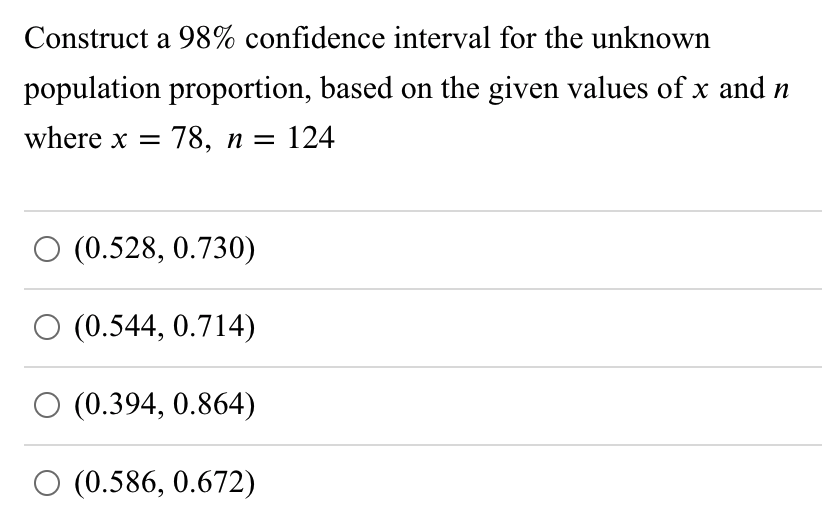 Solved Construct a 98% confidence interval for the unknown | Chegg.com