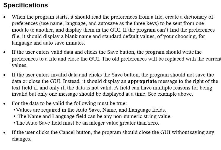 Solved Create a GUI program that stores a user's preferences | Chegg.com