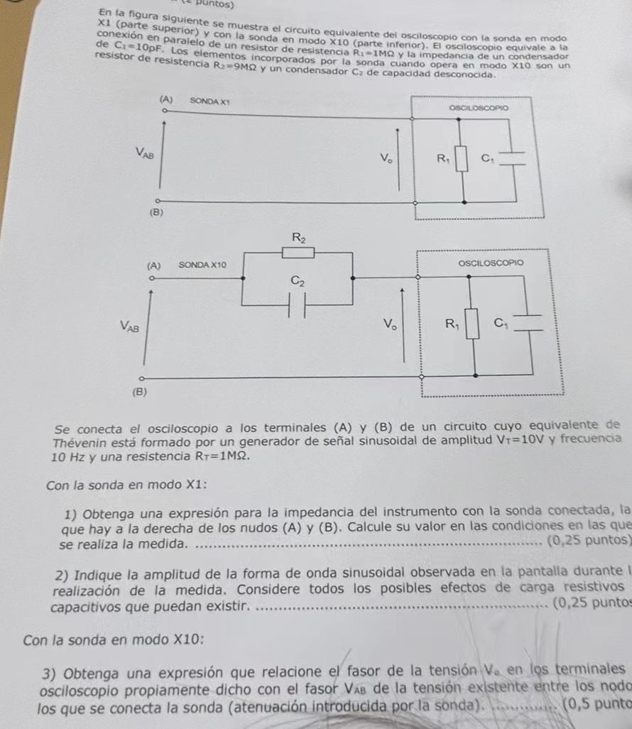 En la figura siguiente se muestra el circuito equivalente del osciloscopio con la sonda en modo X1 (parte superior) y con la