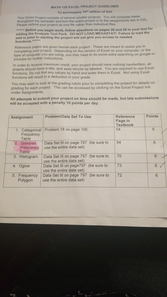 Math 120 Excel Solved MATH 120 EXCEL PROJECT GUIDELINES To accompany 10th | Chegg.com