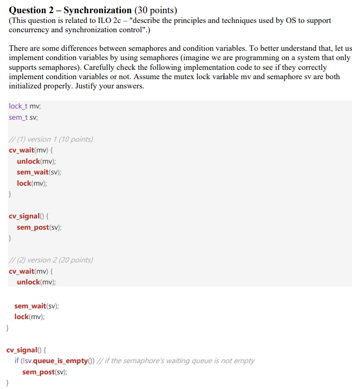 Solved Question 2 Synchronization 30 Points This