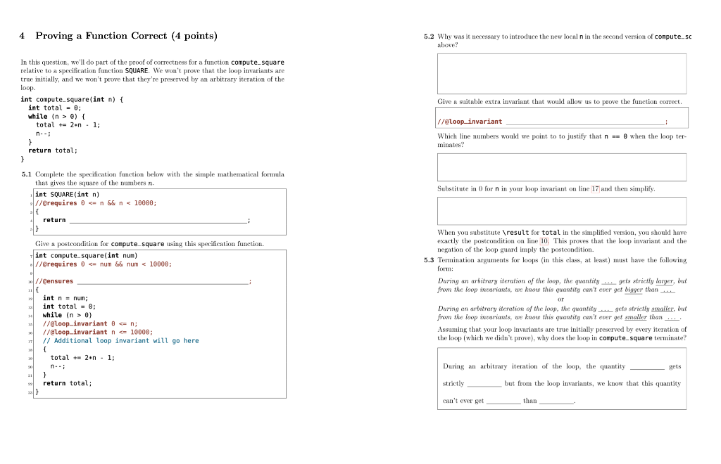4 Proving a Function Correct (4 points) 5.2 Why was it necessary to introduce the new local n in the second version of comput