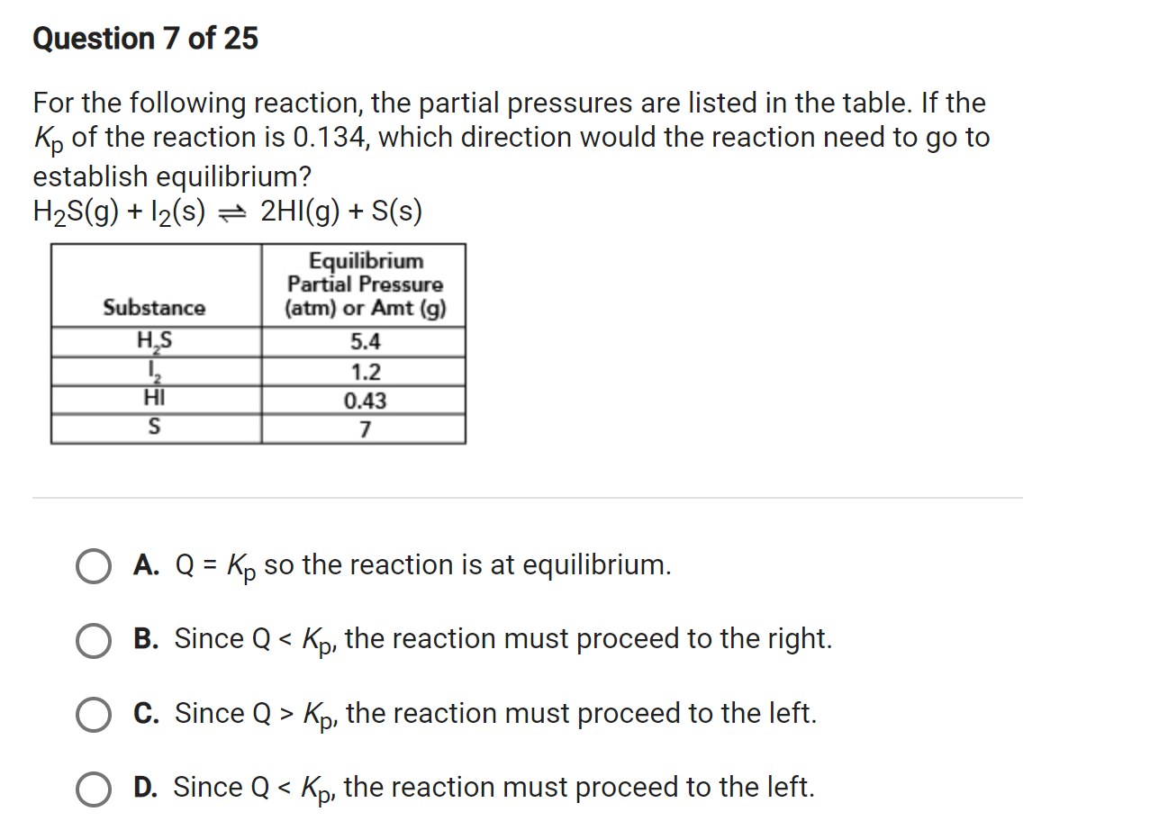 Solved Question 7 Of 25 For The Following Reaction The P Chegg Com