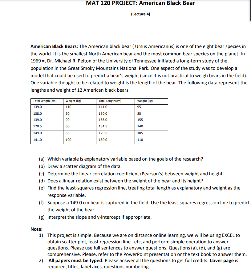 Solved MAT 120 PROJECT: American Black Bear (Lecture 4) | Chegg.com