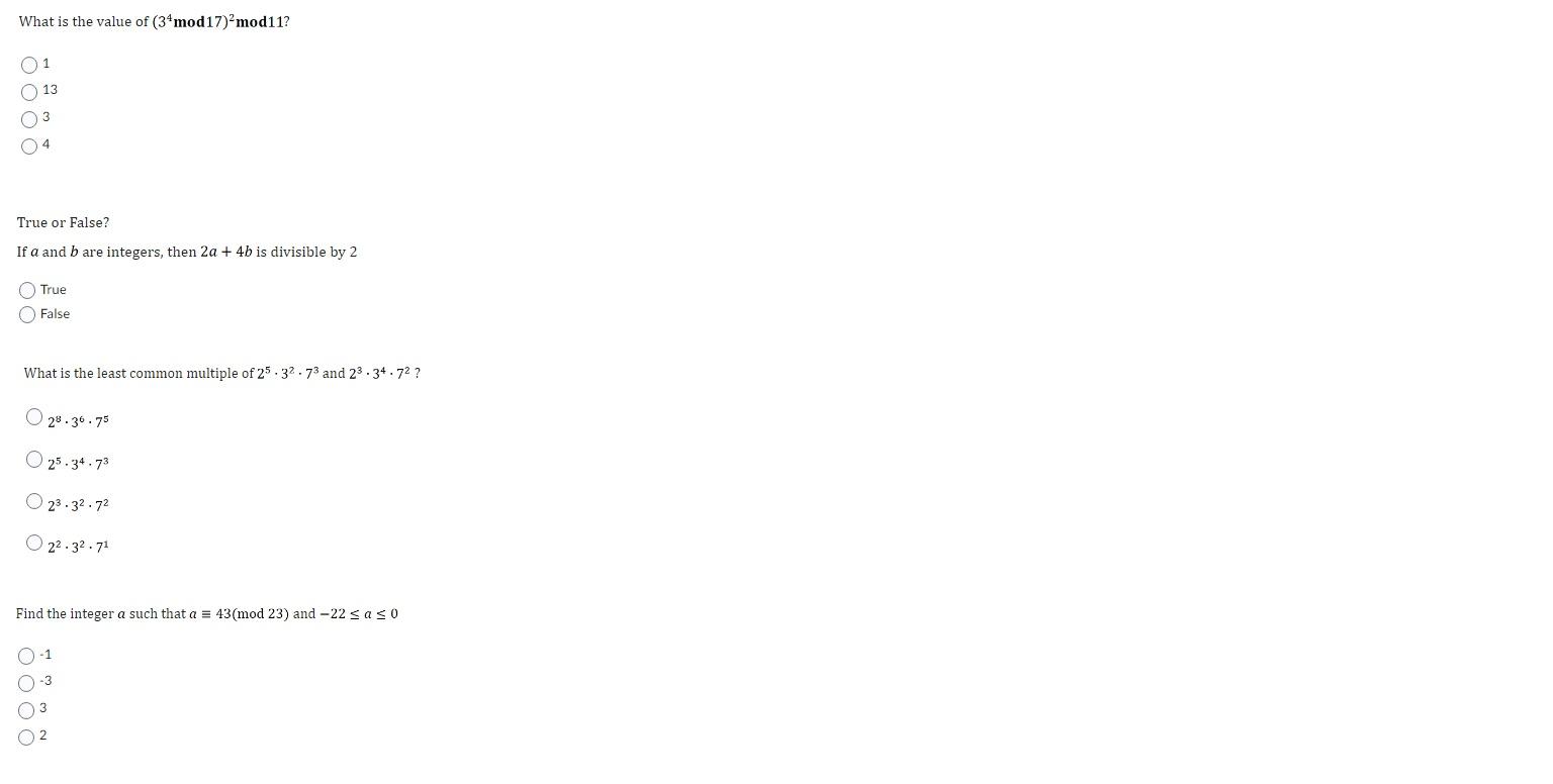 Solved What is the value of (34mod17)2mod11? 1 13 3 4 True | Chegg.com