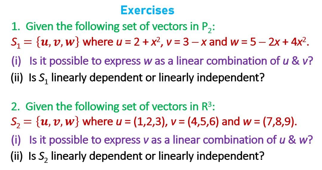 Solved Exercises 1. Given The Following Set Of Vectors In P: | Chegg.com