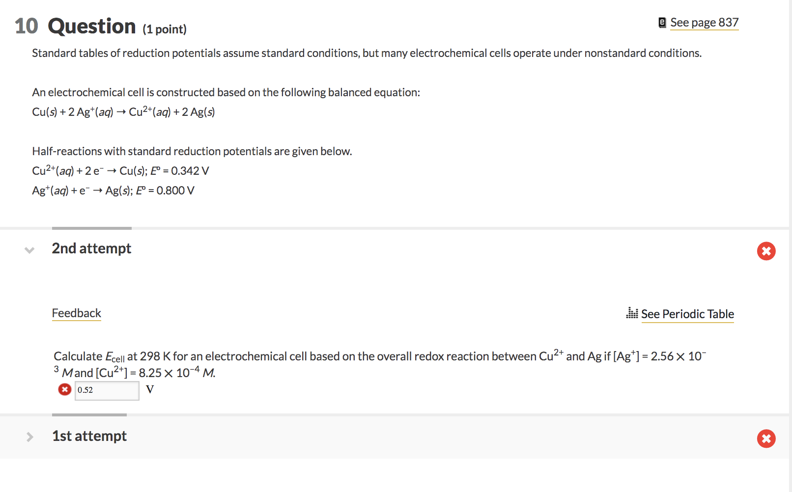 Solved 10 Question (1 point) e See page 837 Standard tables | Chegg.com