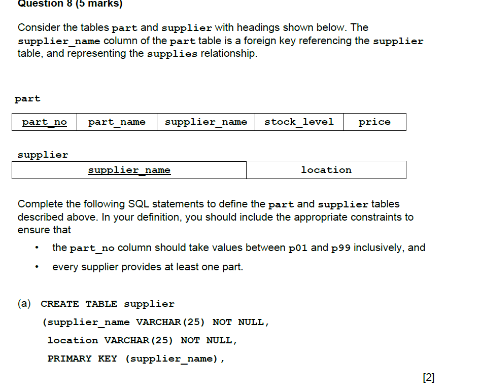 Solved Question 8 (5 marks) Consider the tables part and | Chegg.com