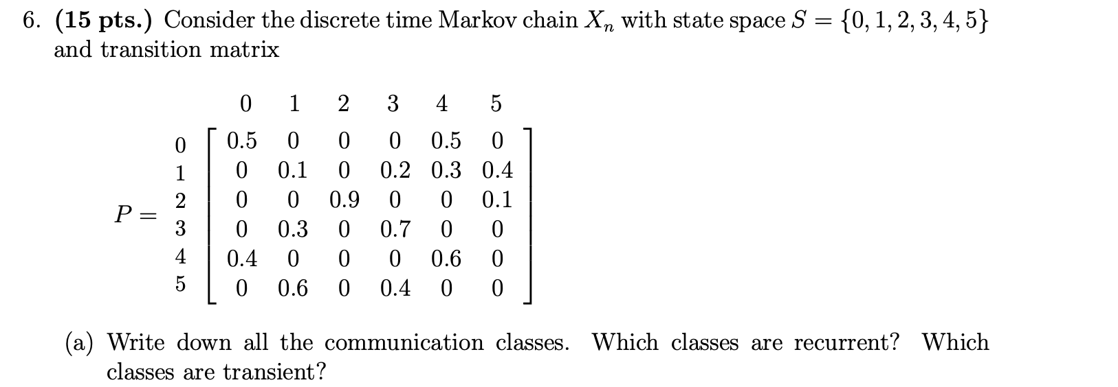 Solved 6. (15 pts.) Consider the discrete time Markov chain | Chegg.com