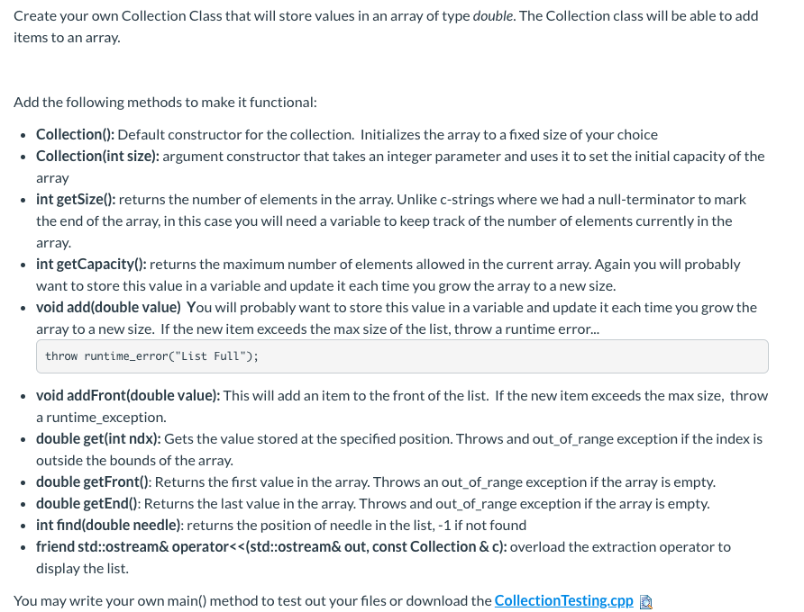Create your own Collection Class that will store | Chegg.com