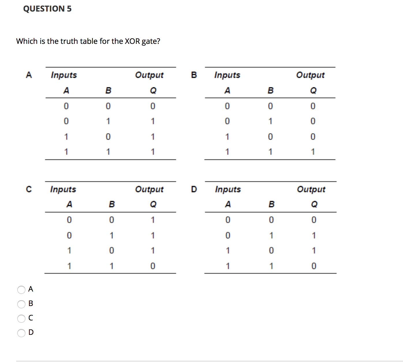 Question 5 Which Is The Truth Table For The Xor Gate Cheggcom