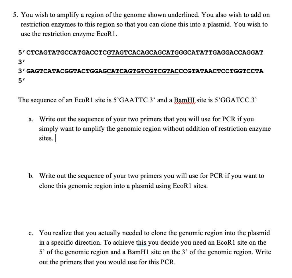 Solved 5. You wish to amplify a region of the genome shown | Chegg.com