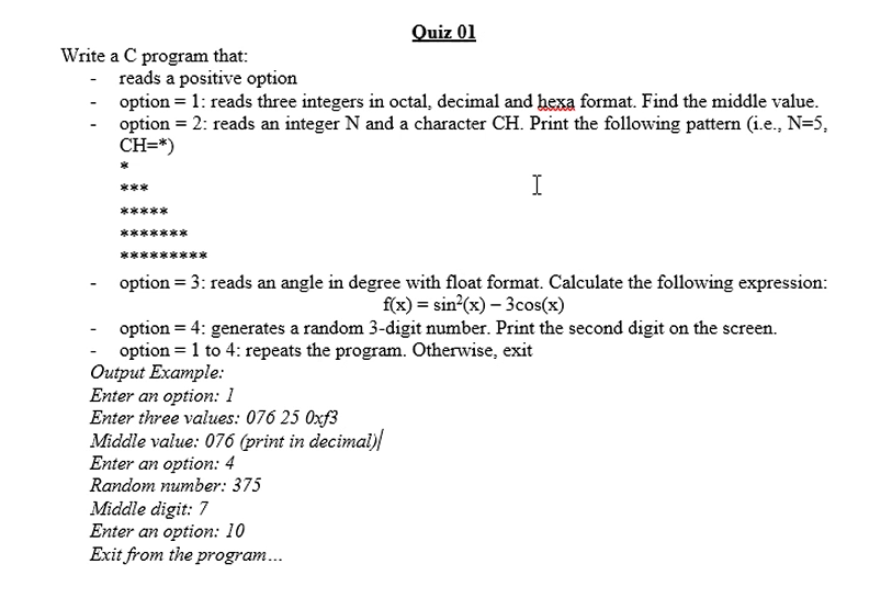 Solved Quiz 01 Write a C program that: - reads a positive | Chegg.com