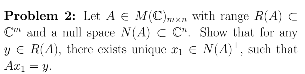 Solved Problem 2: Let A∈M(C)m×n with range R(A)⊂ Cm and a | Chegg.com
