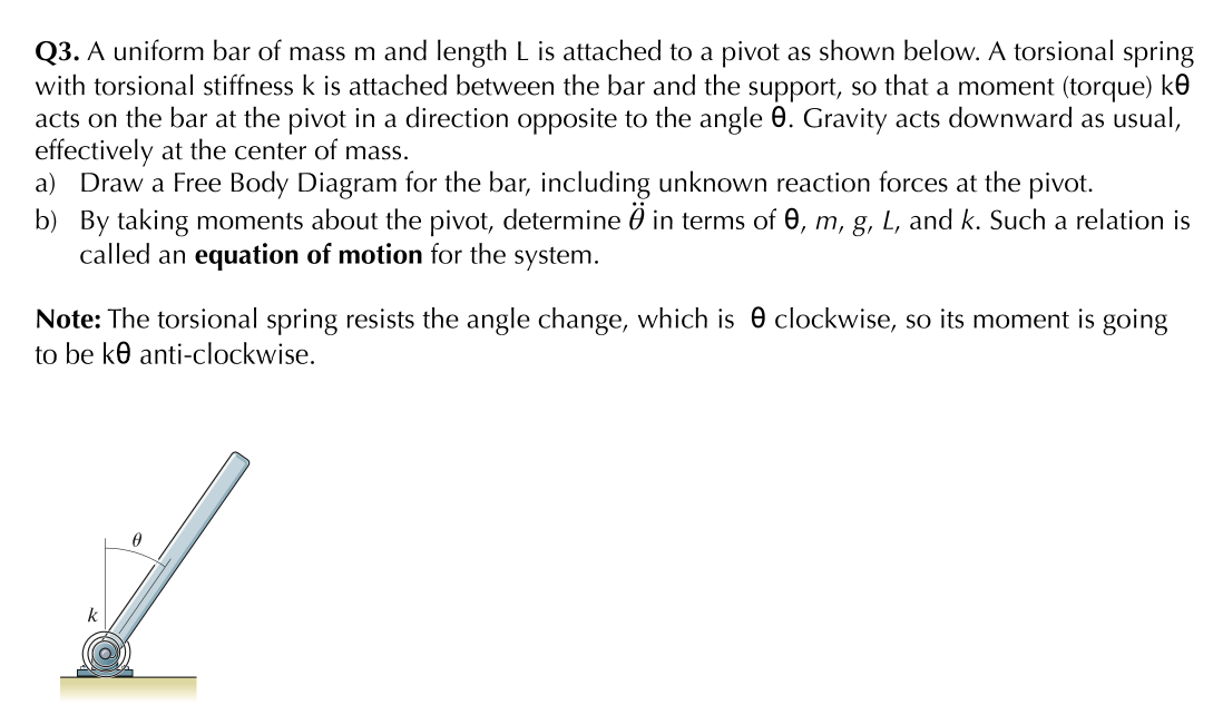 Solved Q3. A uniform bar of mass m and length L is attached | Chegg.com