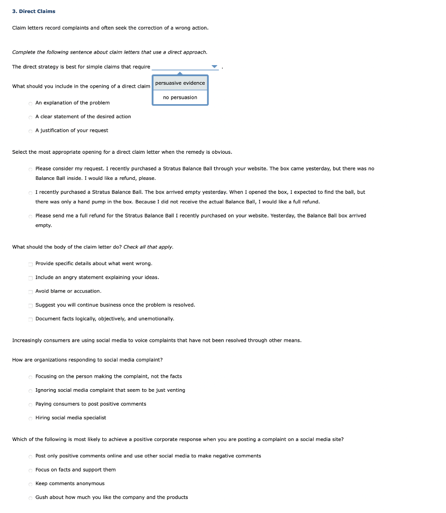 Solved 3. Direct Claims Claim letters record complaints and