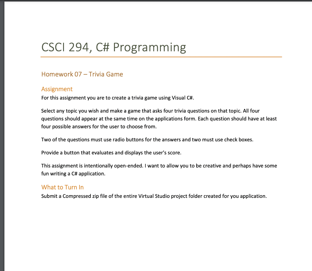 Solved CSCI 294, C# Programming Homework 07 – Trivia Game | Chegg.com