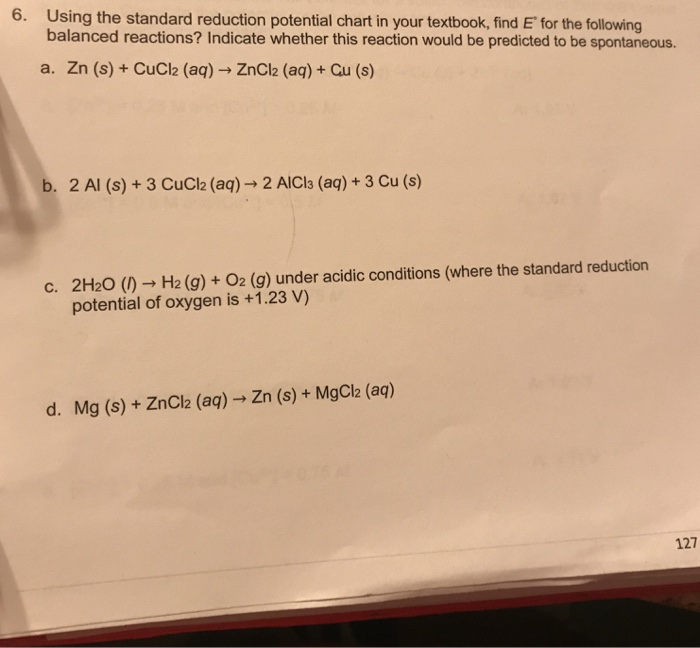 Solved 6. Using the standard reduction potential chart in