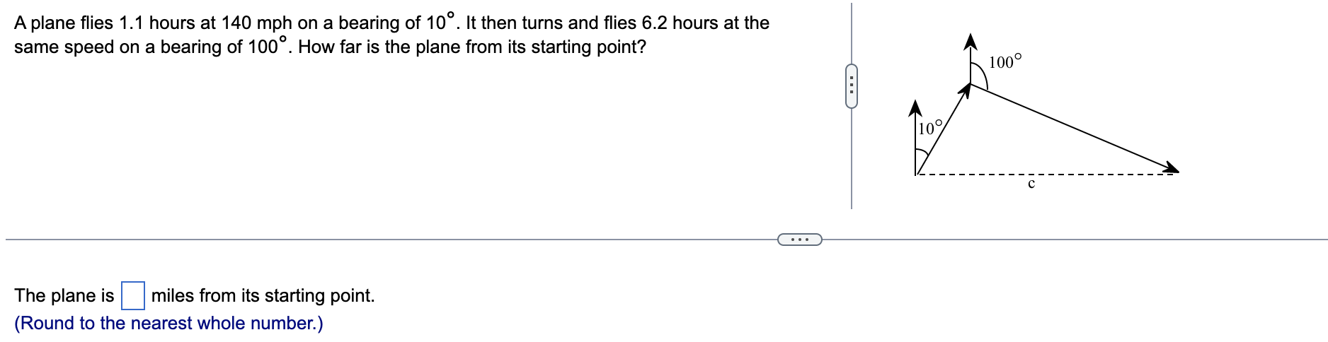 Solved A plane flies 1.1 hours at 140mph on a bearing of | Chegg.com