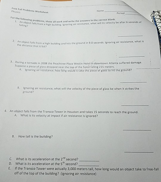 Physics Free Fall Worksheet Answers