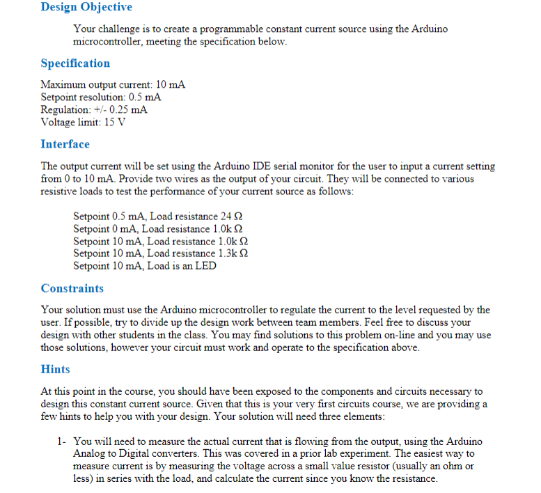 Constant Current Source Using Arduino Solved Design Objective:Your challenge is to create a | Chegg.com
