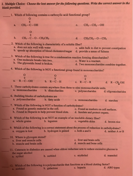 Solved I. Multiple Choice: Choose the best answer for the | Chegg.com