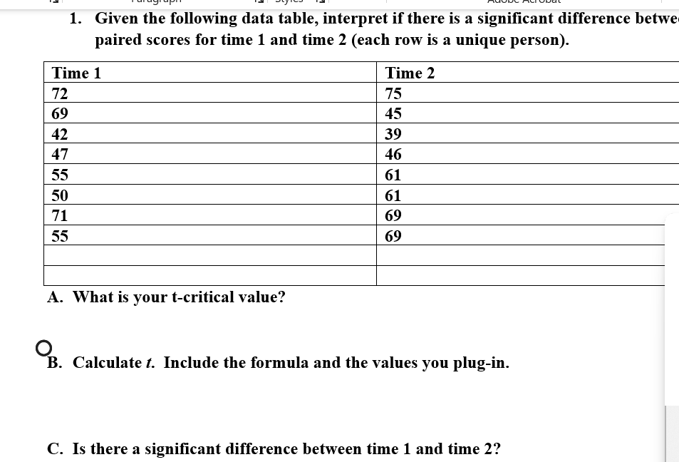 Solved 1. ﻿Given the following data table, interpret if | Chegg.com