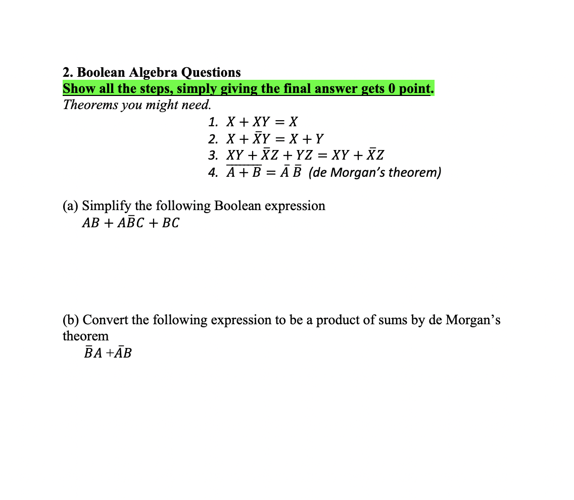 Solved 2. Boolean Algebra Questions Show All The Steps, | Chegg.com