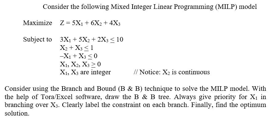 Consider the following Mixed Integer Linear | Chegg.com