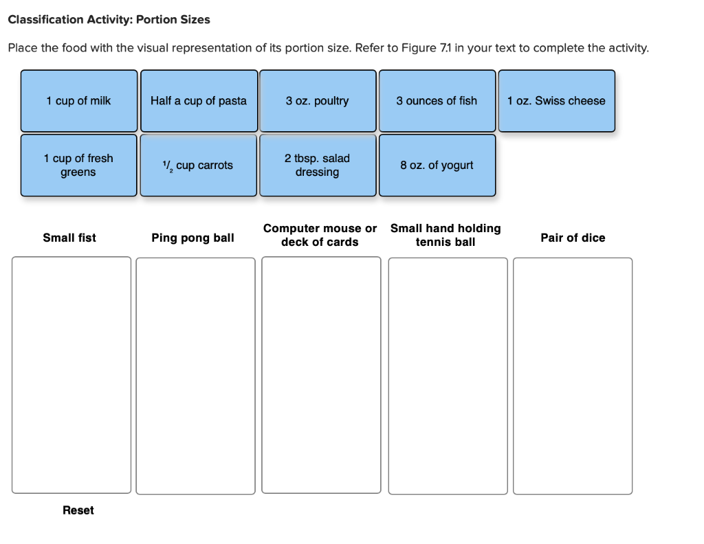Classification Activity: Portion Sizes Place the food with the visual representation of its portion size. Refer to Figure 7.1