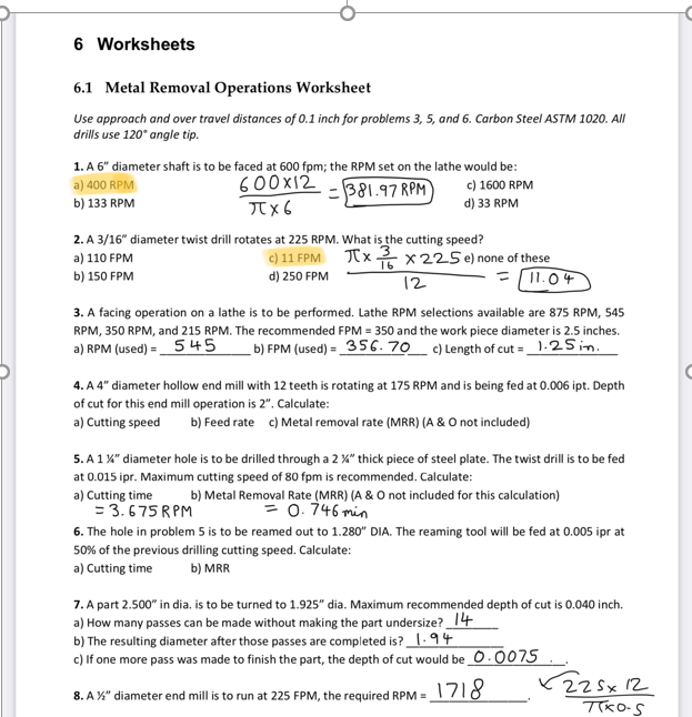 solved 6 worksheets 6 1 metal removal operations worksheet chegg com