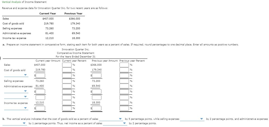 Solved Vertical Analysis of Income Statement Revenue and | Chegg.com