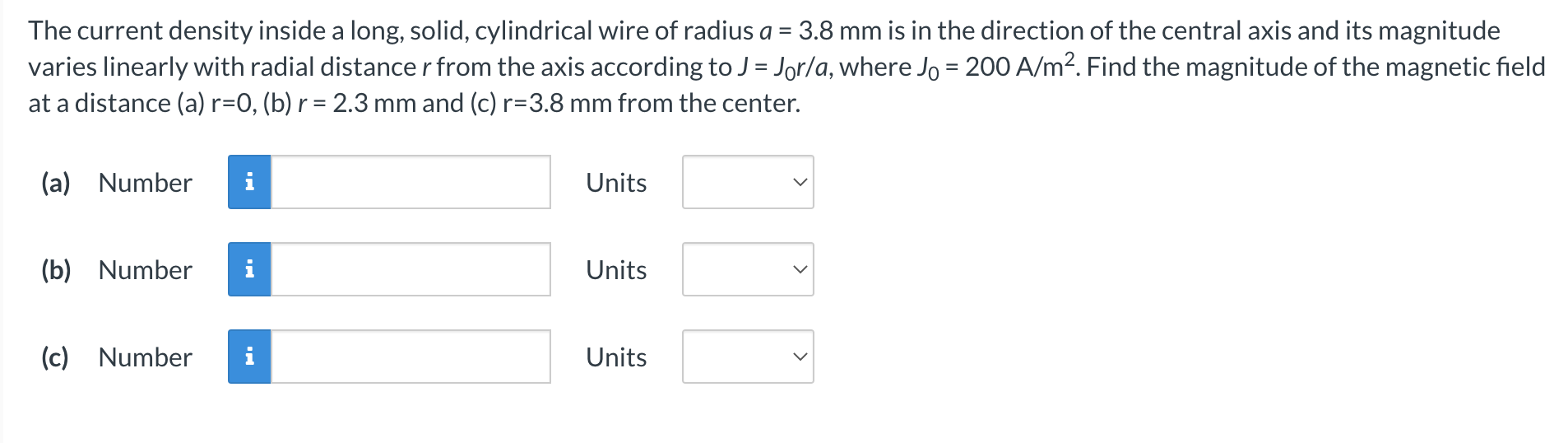 Solved The current density inside a long, solid, cylindrical | Chegg.com