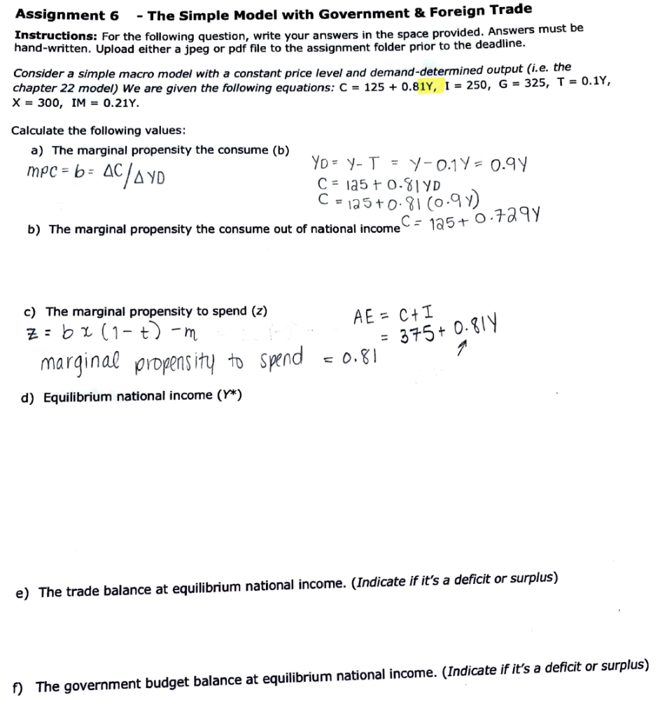 Solved Assignment 6 - The Simple Model With Government & | Chegg.com