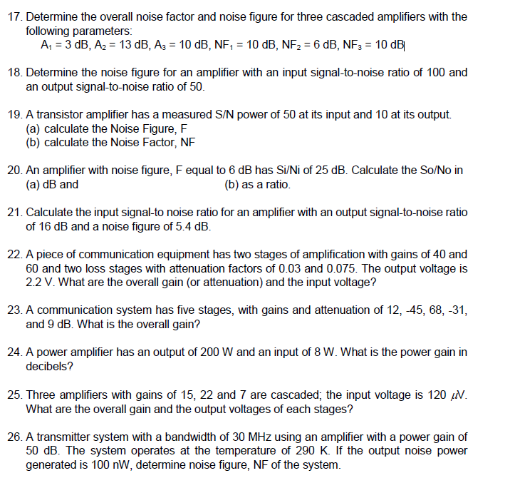 Solved 17 Determine The Overall Noise Factor And Noise F Chegg Com